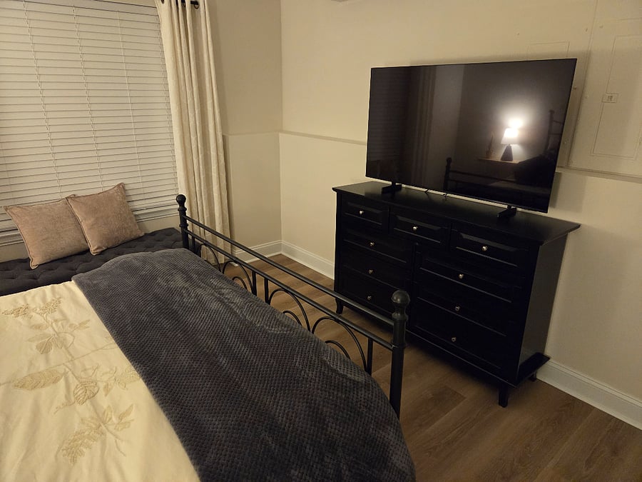 Plenty of storage with chest of drawers, bench, and walk in closet. Enjoy the 55 inch TV. You are able to completely control the climate in the room with individual quiet mini split AC unit. 