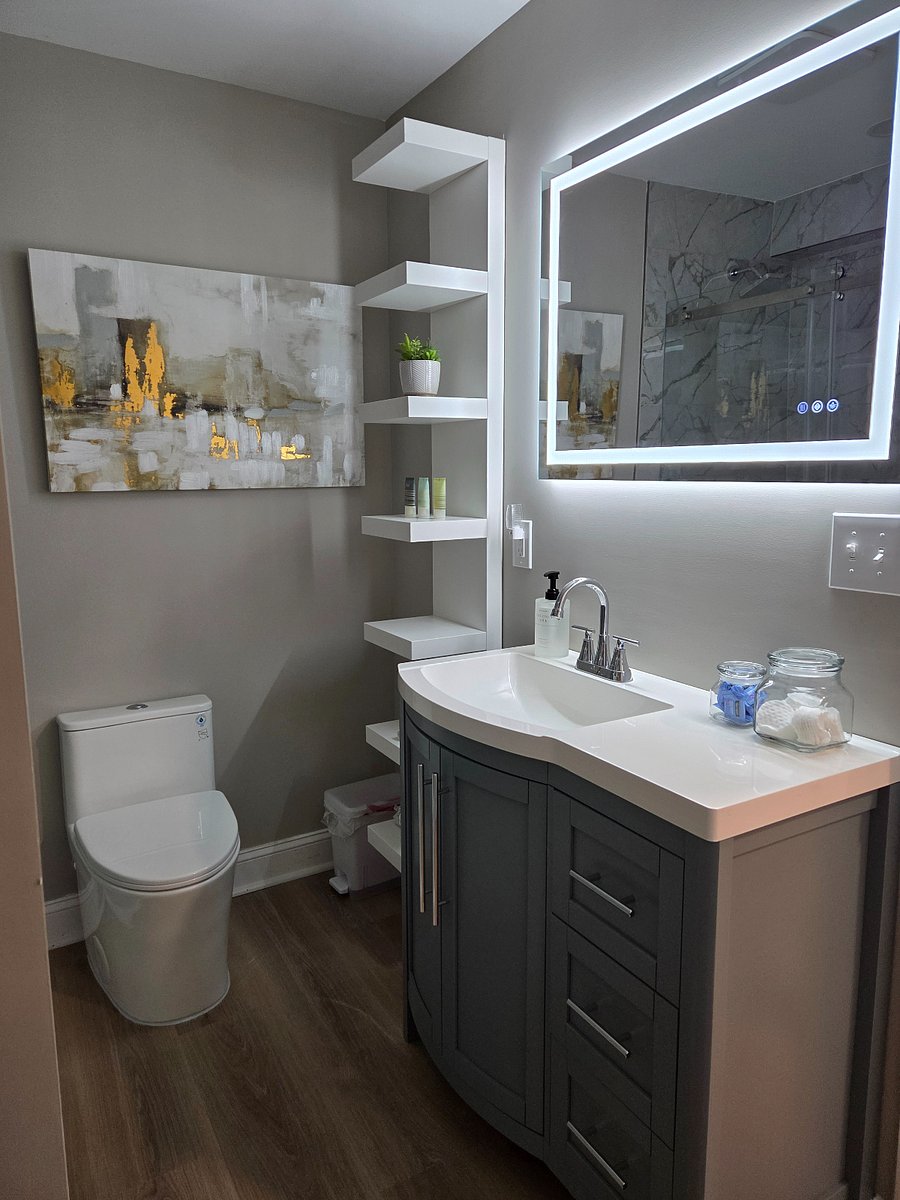 Lit beauty mirror with anti fog features. 