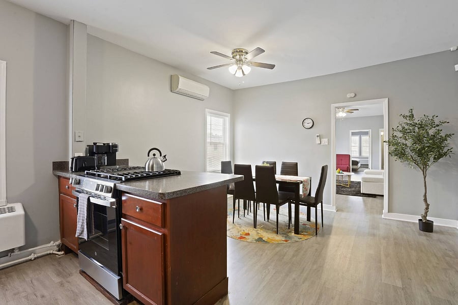 Full kitchen. Includes:
Baking sheet, coffee, coffee maker, cooking basics, dishes and silverware, freezer, hot water, kettle, microwave, refrigerator, oven, stove, toaster, wine glasses.
