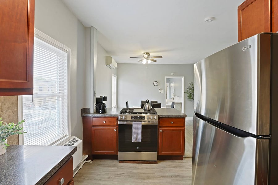 Full kitchen. Includes:
Baking sheet, coffee, coffee maker, cooking basics, dishes and silverware, freezer, hot water, kettle, microwave, refrigerator, oven, stove, toaster, wine glasses.
