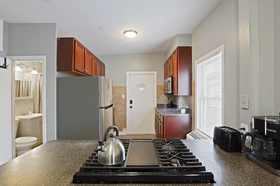 Full kitchen. Includes:
Baking sheet, coffee, coffee maker, cooking basics, dishes and silverware, freezer, hot water, kettle, microwave, refrigerator, oven, stove, toaster, wine glasses.