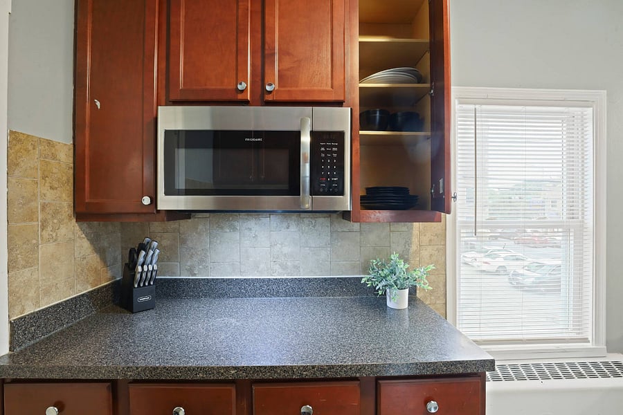 Full kitchen. Includes:
Baking sheet, coffee, coffee maker, cooking basics, dishes and silverware, freezer, hot water, kettle, microwave, refrigerator, oven, stove, toaster, wine glasses.