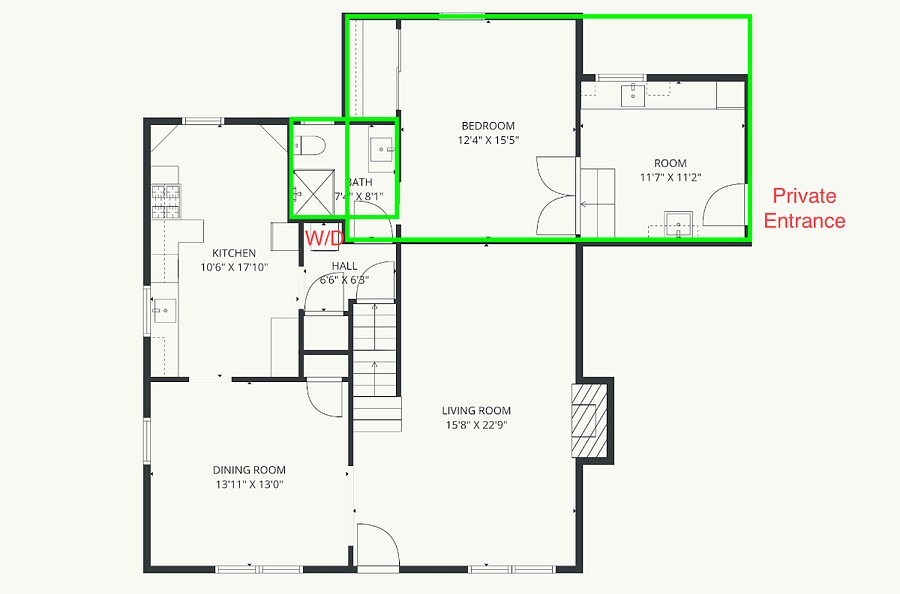 floor plan of the unit showing where the washer/dryer is (W/D) and the private keypad entrance to the studio unit