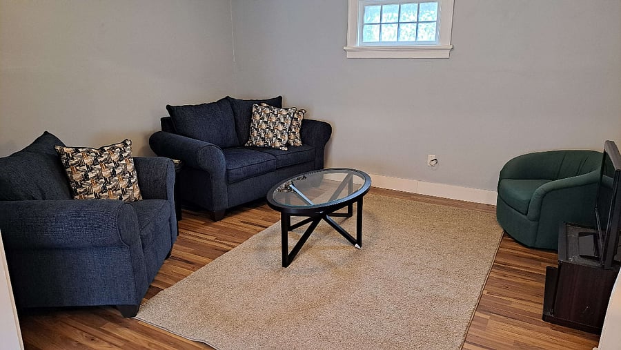 Furnished living room with TV and streaming stick