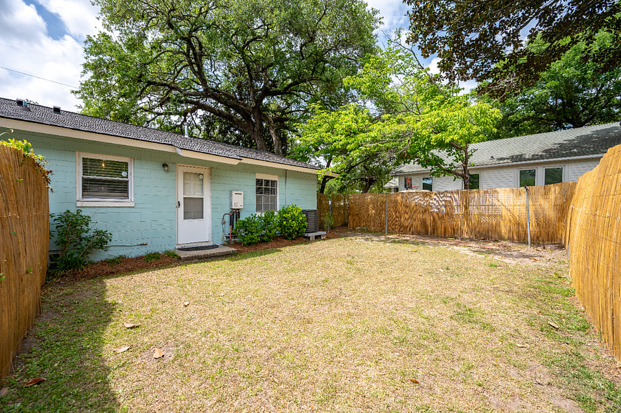 Big fenced in backyard. Great for dogs, great for laying out, great for storing bikes, etc.  There are picnic tables across the street at the park should you need!