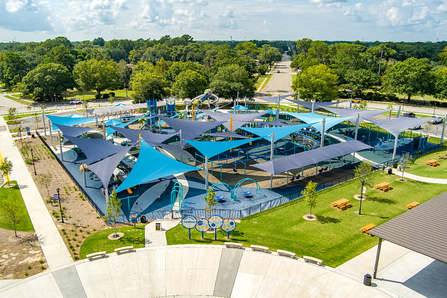 This is a drone shot of the new playground in Park Circle. This is the LARGEST inclusive playground in the entire country. People of all ages and abilities can enjoy this space. It truly is a sight to see.