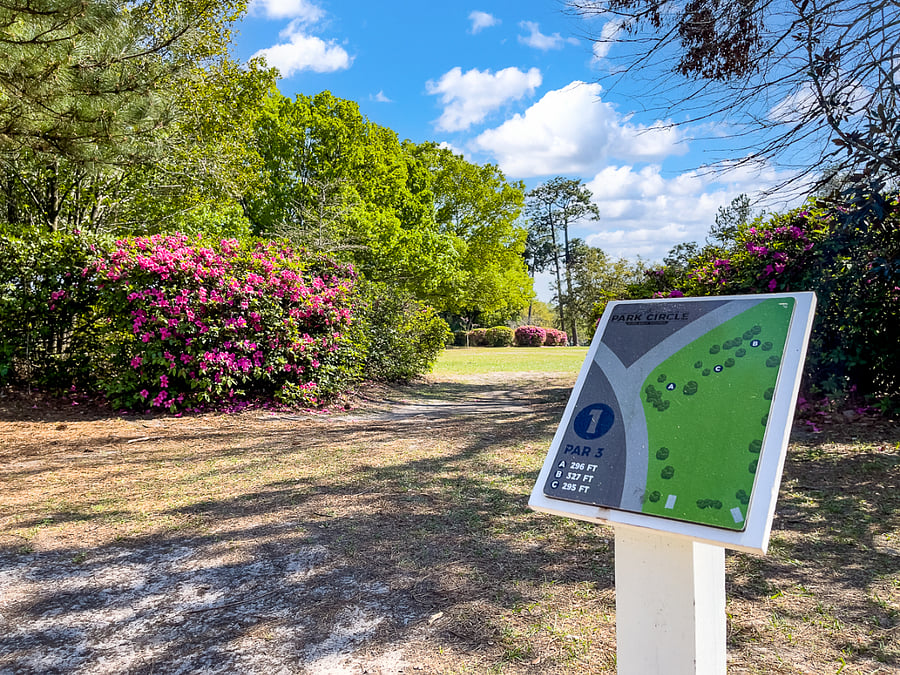 This is the first tee of the Park Circle Disc Golf Course that surrounds the huge roundabout in Park Circle. This disc golf course is .9 miles from the home or about a 15-minute walk. Have fun!