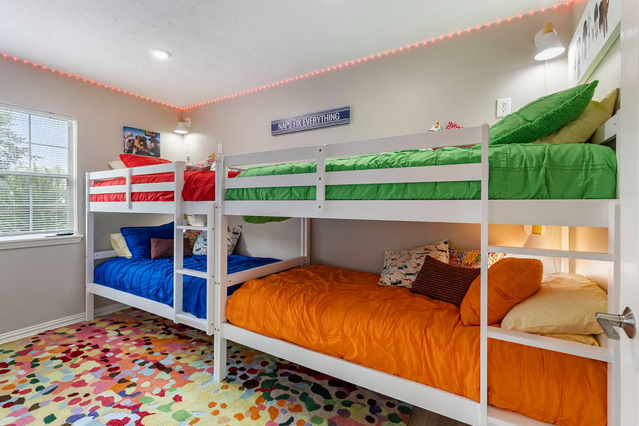 The secondary bedroom has 2 sets of bunkbeds.