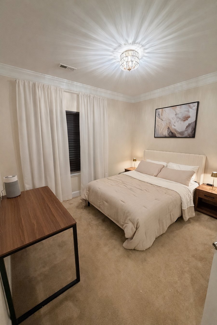 Bedroom #2 w/ queen bed, desk, dresser & TV.Comfy queen bed w/ night stand. Equipped w/ power strip that has outlets, USB and USB-C ports. 