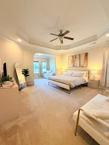 Spacious and luxe master suite:

- King bed
- Blackout curtains 
- Full-length mirror
- Air purifier
- 43 in Roku Smart TV
- 9-drawer dresser
- Loveseat
- Nightstand and Lamps w/ a usb port for charging your devices. 

Attached sitting area has a twin daybed w/ twin pull-out trundle and dedicated workspace equipped w/ a desk, working chair, lamp and power strip that has outlets, USB and USB-C ports. 