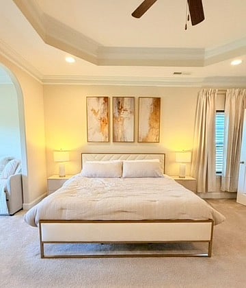 Spacious and luxe master suite:

- King bed
- Blackout curtains 
- Full-length mirror
- Air purifier
- 43 in Roku Smart TV
- 9-drawer dresser
- loveseat
- Nightstand and Lamps w/ a usb port for charging your devices. 

Attached sitting area has a twin daybed w/ twin pull-out trundle and dedicated workspace equipped w/ a desk, working chair, lamp and power strip that has outlets, USB and USB-C ports. 