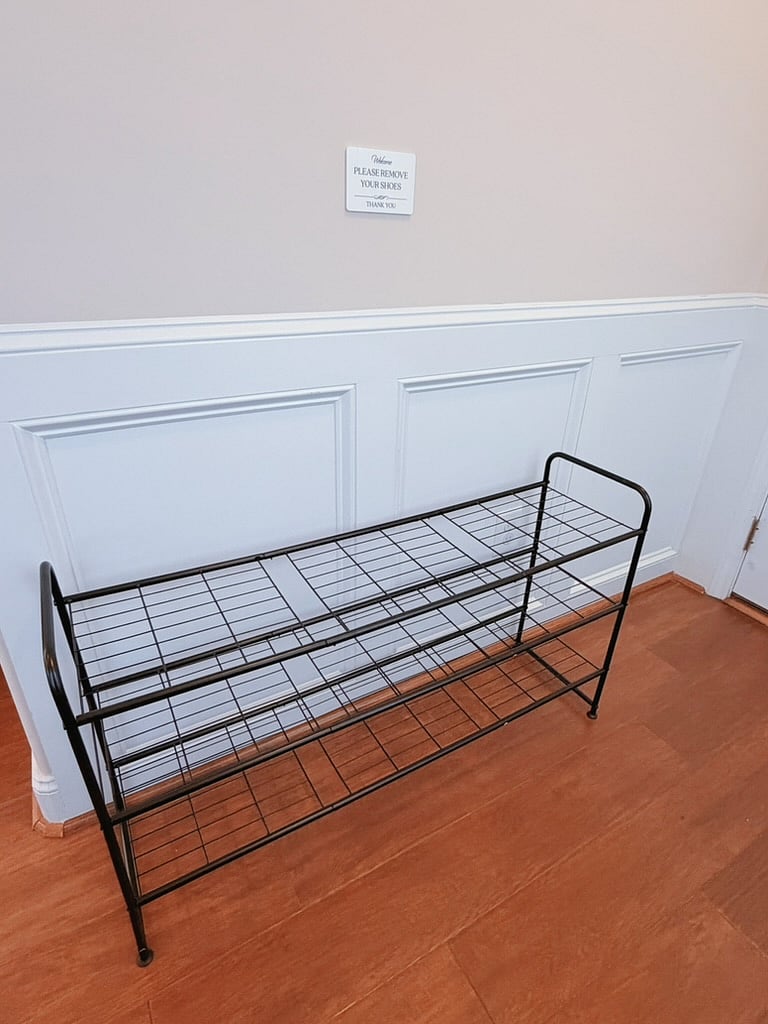 shoe rack at entryway. Please remove shoes before walking around the house!!