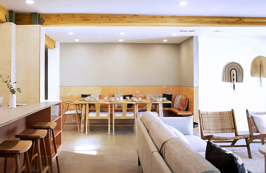 Open-concept living and dining area with seating for large groups.