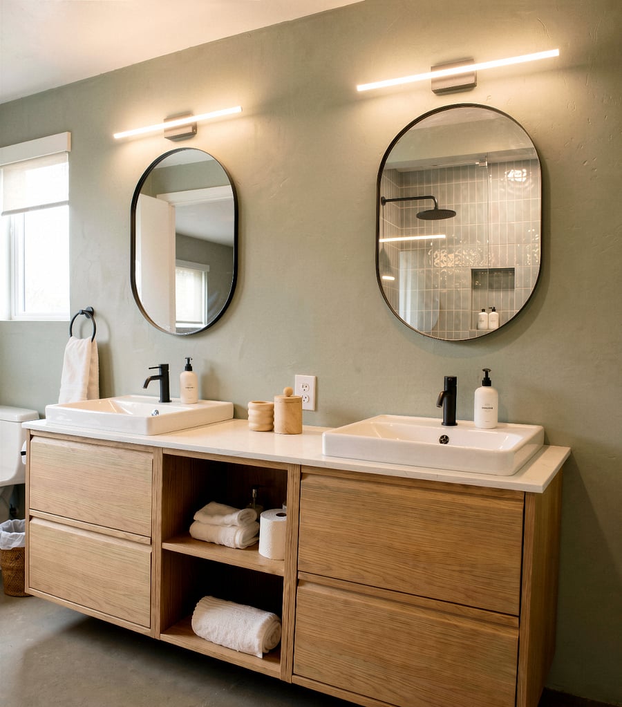 Primary ensuite bathroom with double vanity and modern finishes.