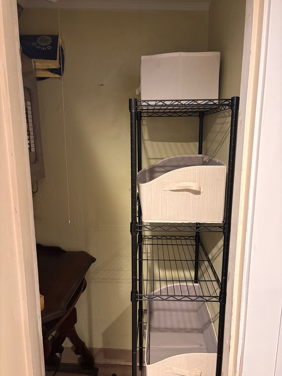 Inside den closet 2 with shelving unit.