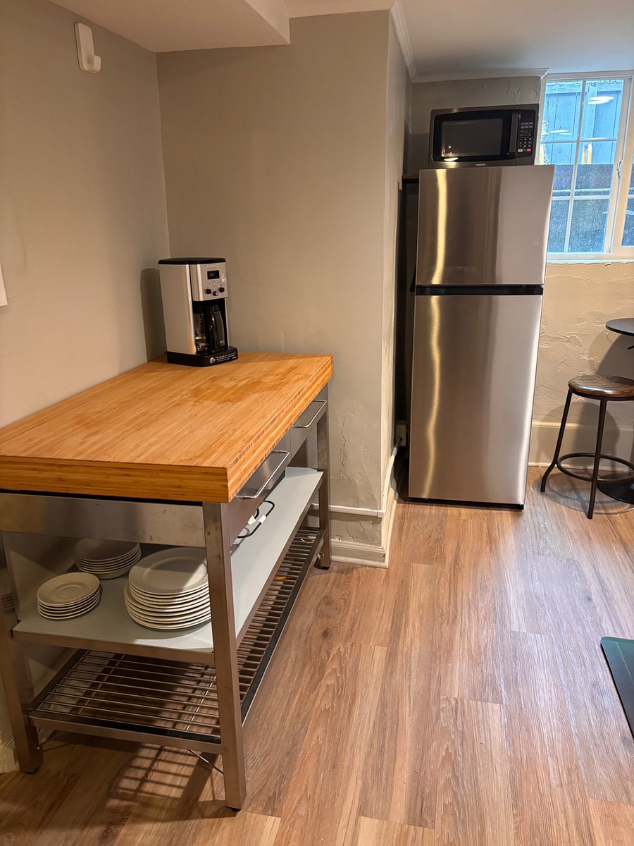 Kitchenette counter and fridge