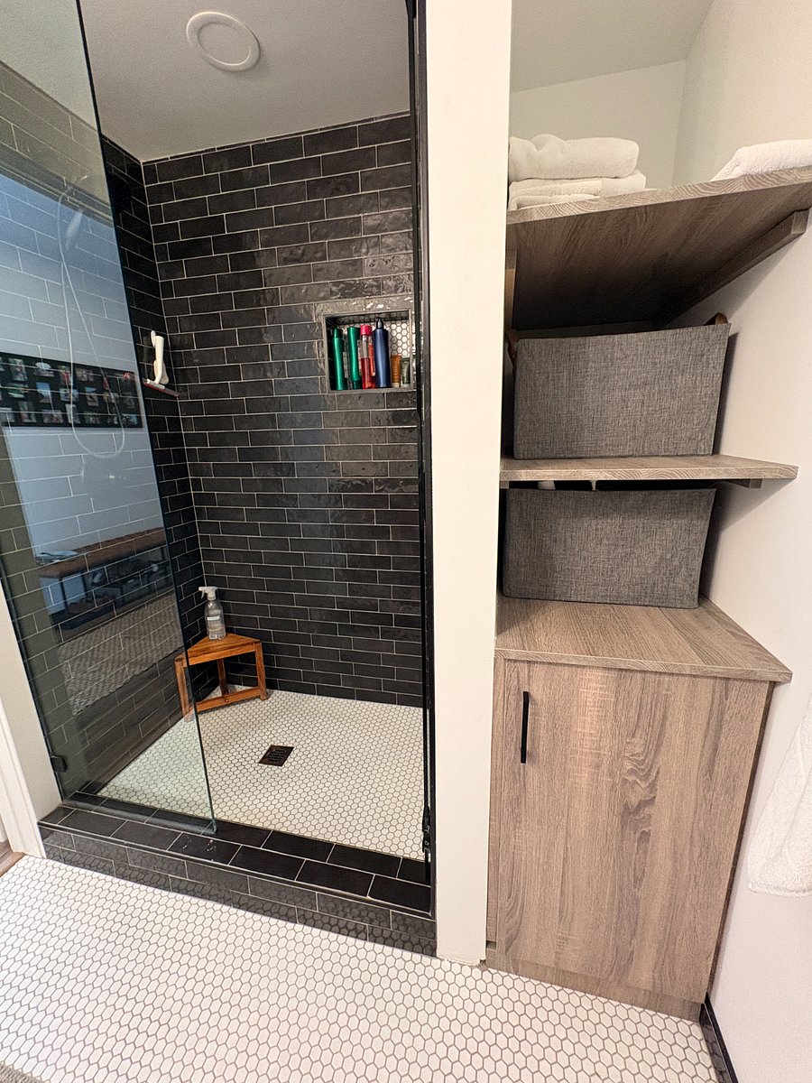 Shower and plenty of extra storage; towels provided