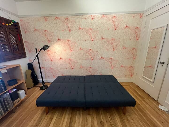 Single, open sofa.
Memory foam + bedding, pillows, etc. included.