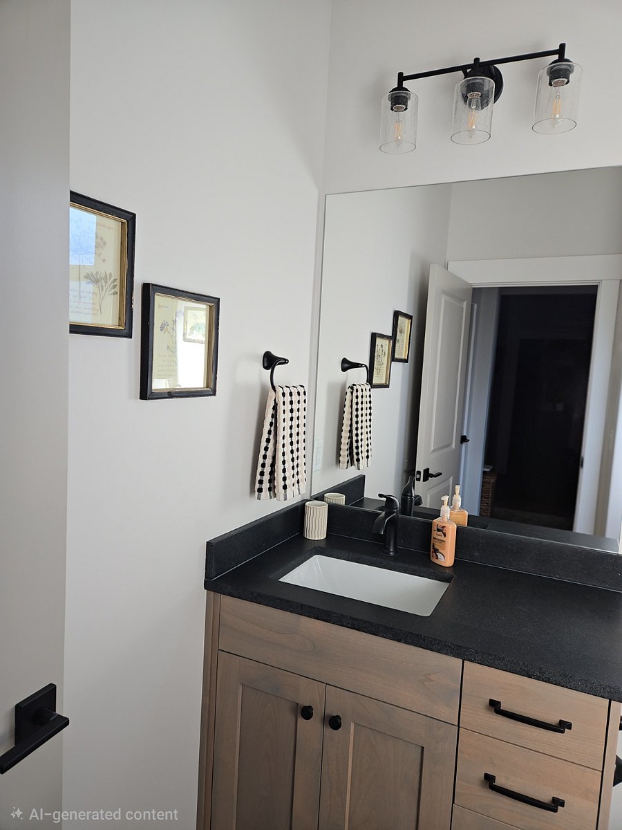 View of Bathroom 2's sink, featuring a stunning leathered granite countertop that adds a touch of elegance and sophistication.