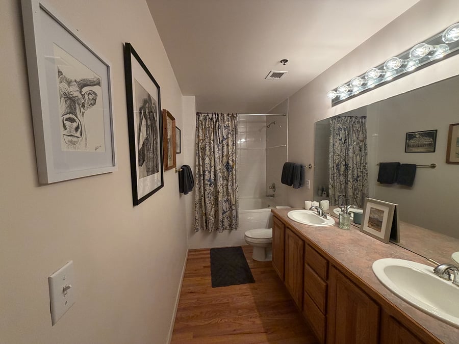 Deep tub and double sinks with large vanity.