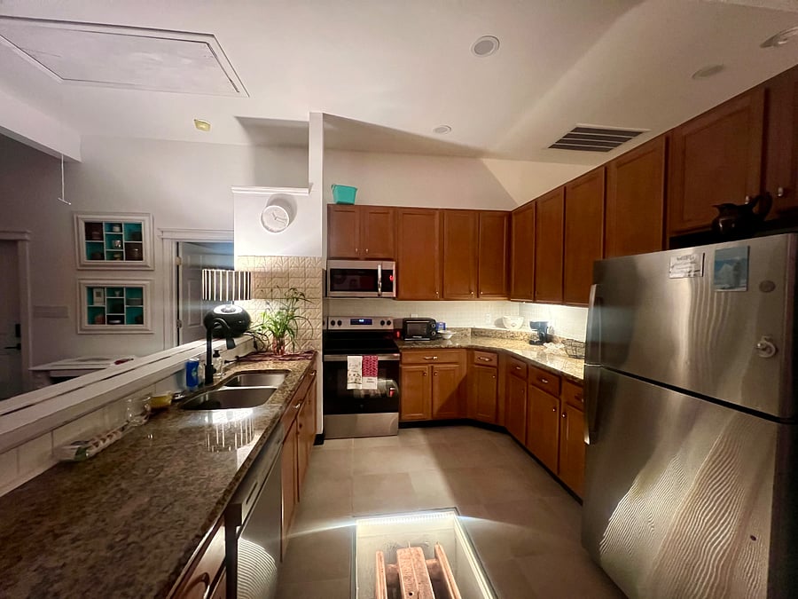Full kitchen with refrigerator, dishwasher, microwave, garbage disposal, range oven, all the pots, pans, utensils, plates, cups, glasses, towels, cleaning products etc.