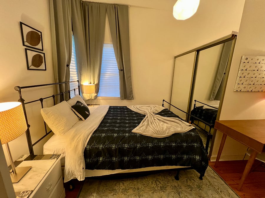Your cozy bed and a walk in closet