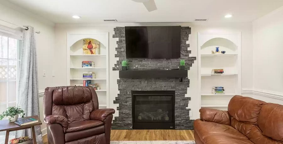 the slate has been removed and furniture updated since this photo :)