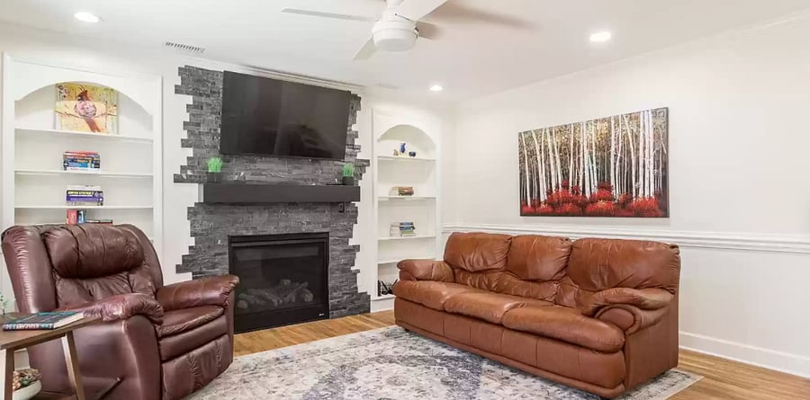 the slate has been removed and furniture updated since this photo :)