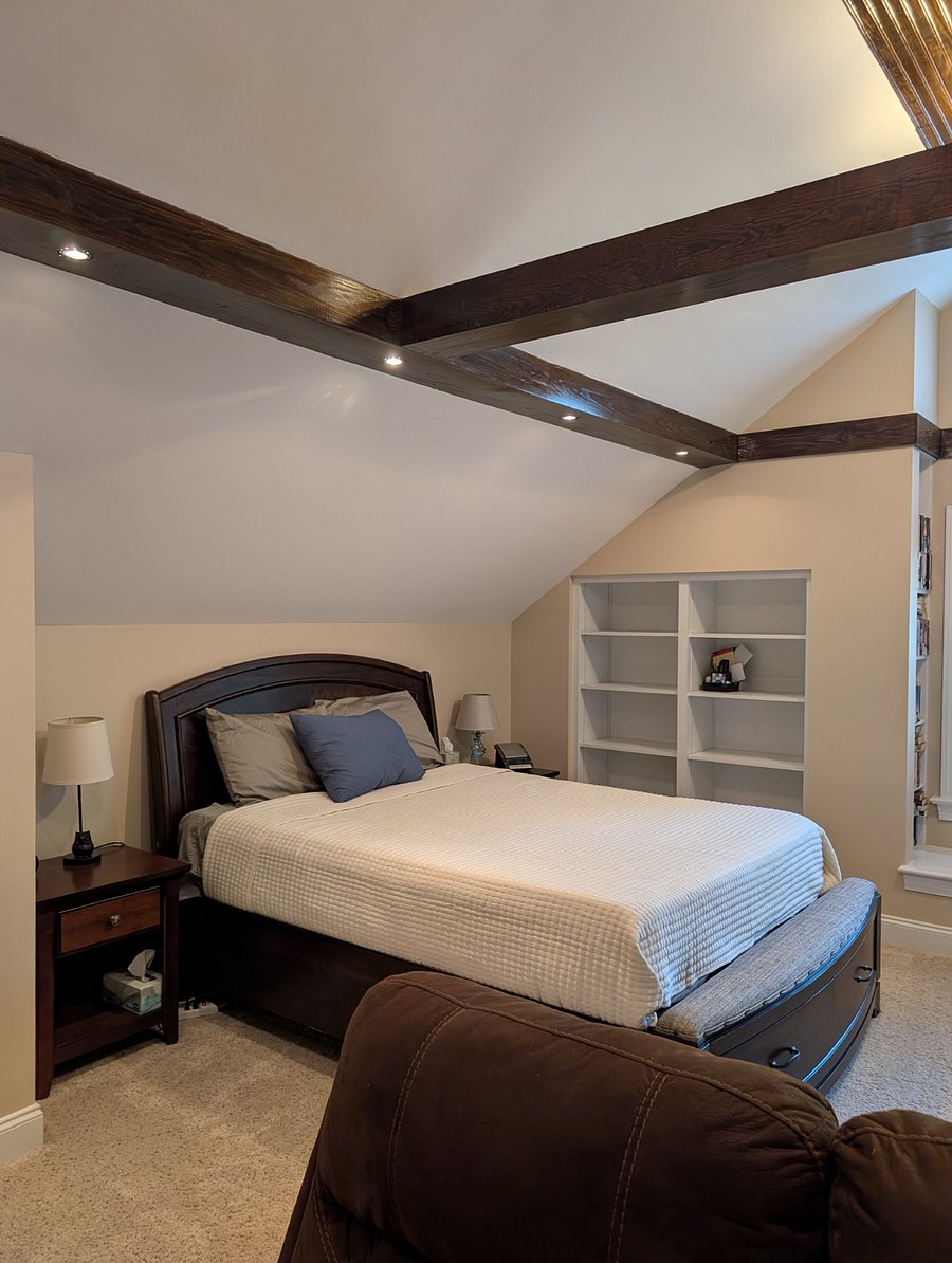Queen memory foam bed and bookshelves for storage