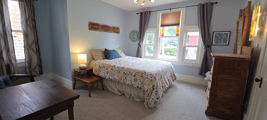 south-facing bedroom with queen bed
