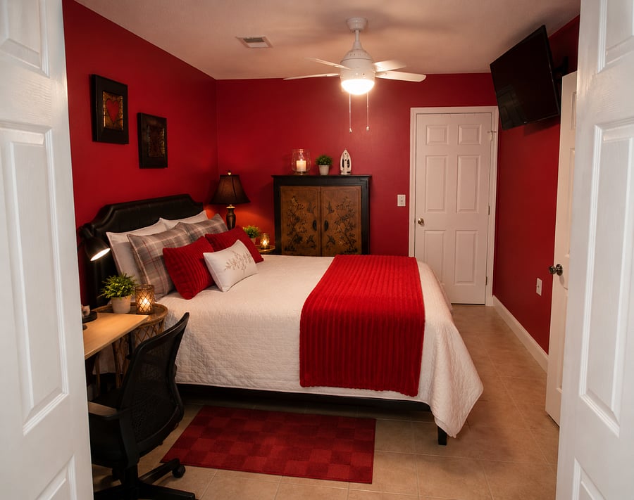Cozy bedroom with entrance to comfortable sitting area