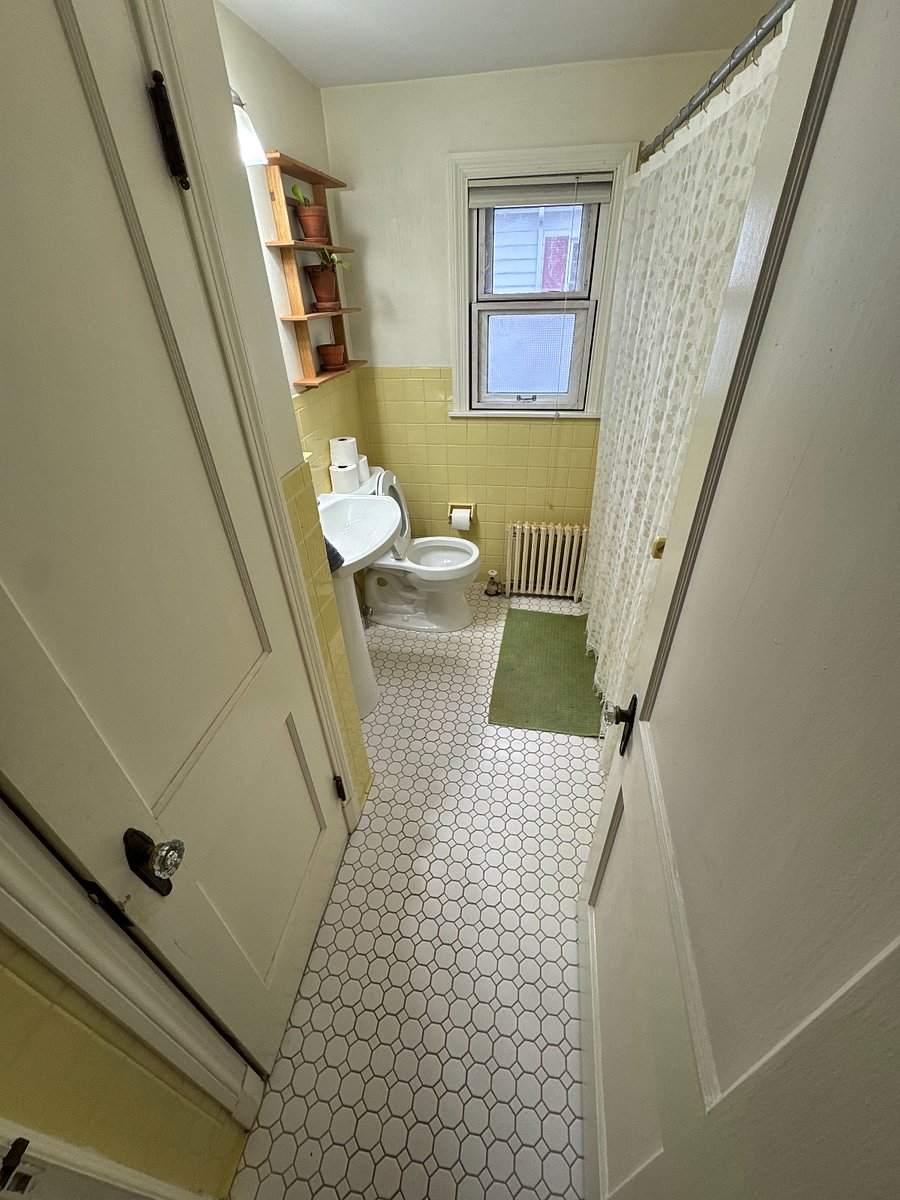 This is the renters bathroom, next to the living room off a small hall area. It has a tub, shower, toilet, sink, mirror, shelves and a closet on the left that you can use as well.
