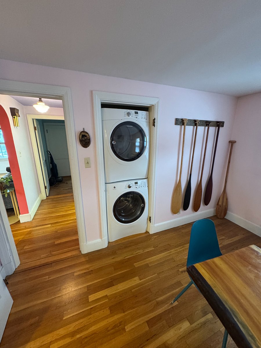 The washer and dryer are right next to the renter bathroom, in a closet in the dining room.