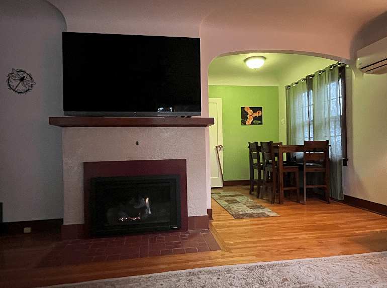 Gas fireplace & dining area