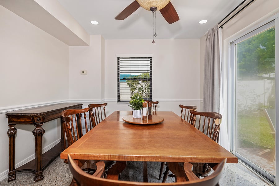 Dining room. The table has a leaf and expands to seat 8 people. 