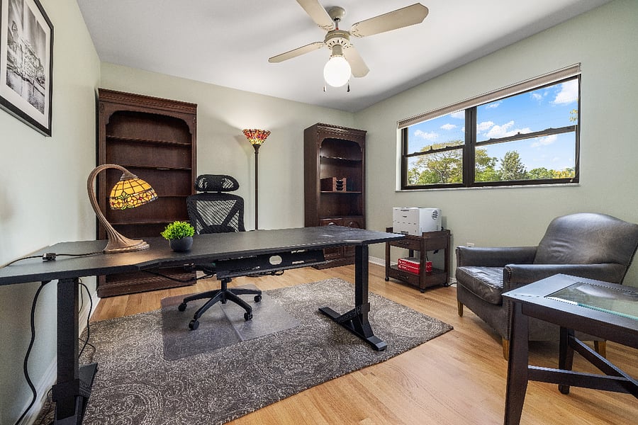 Office with printer stand, printer and standing/ergonomic desk