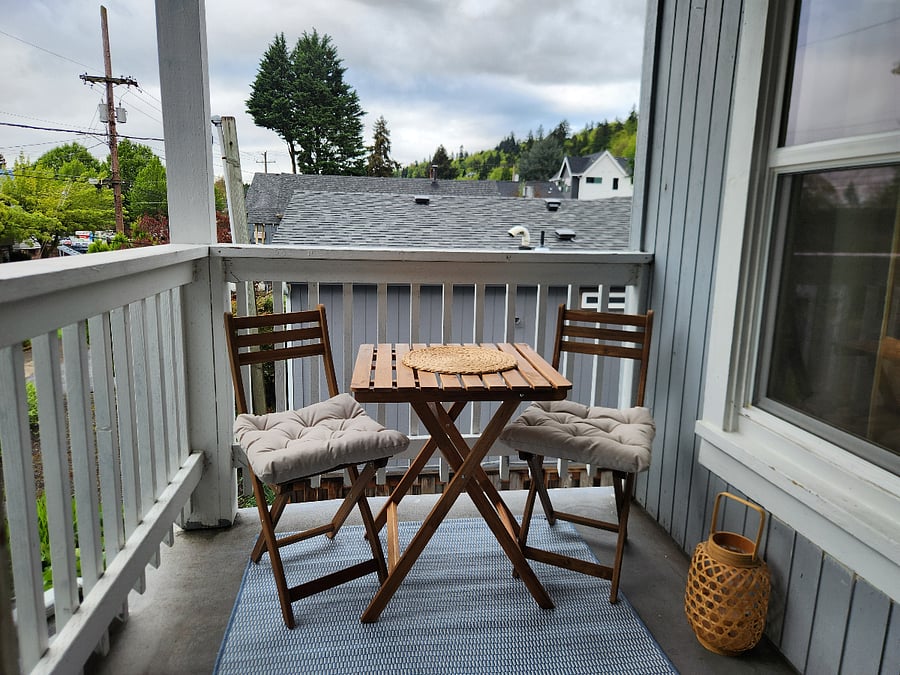 Veranda with second story view. A perfect, quiet spot for coffee in morning.