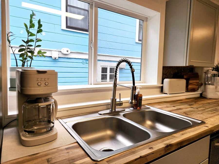 New coffee pot that take K cups or makes pots of coffee.
All dishes, cookware, and bakeware is included in this beautiful kitchen.