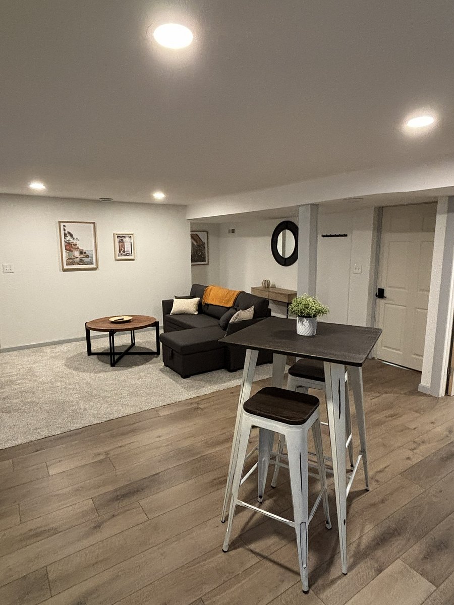 View of entry way and living room from kitchen