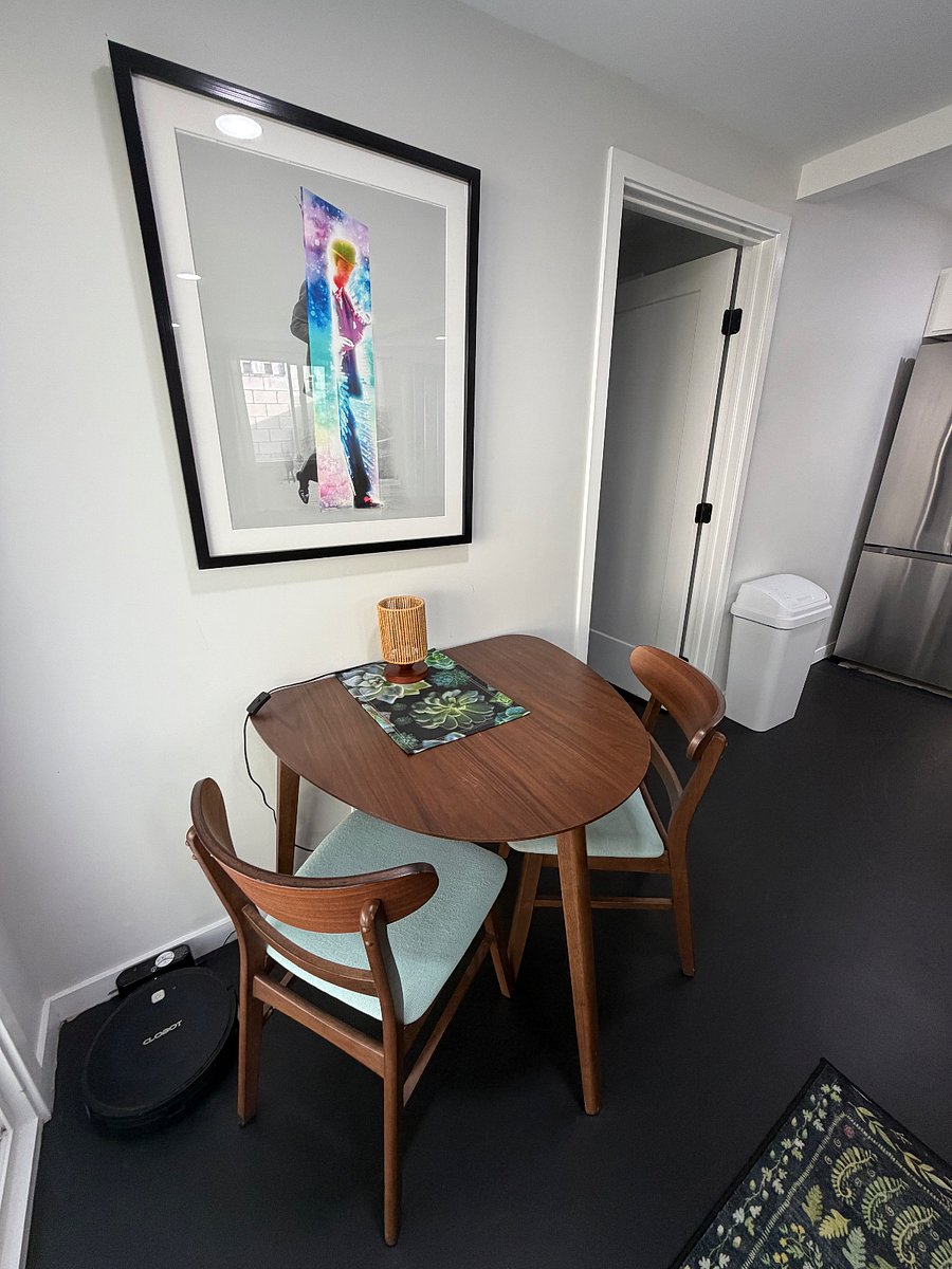 Breakfast table for dining. Electric panel behind art work.