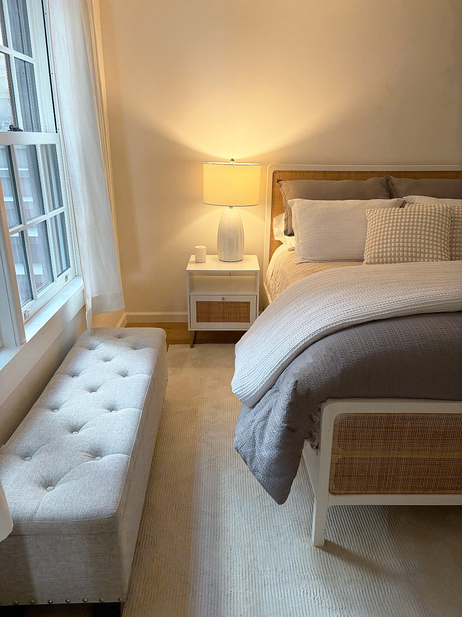 Queen bed with pillow-top mattress and fresh, new and comfortable bedding