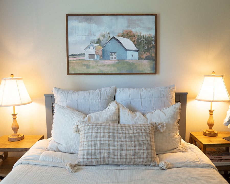 double bed in blue barn room 
