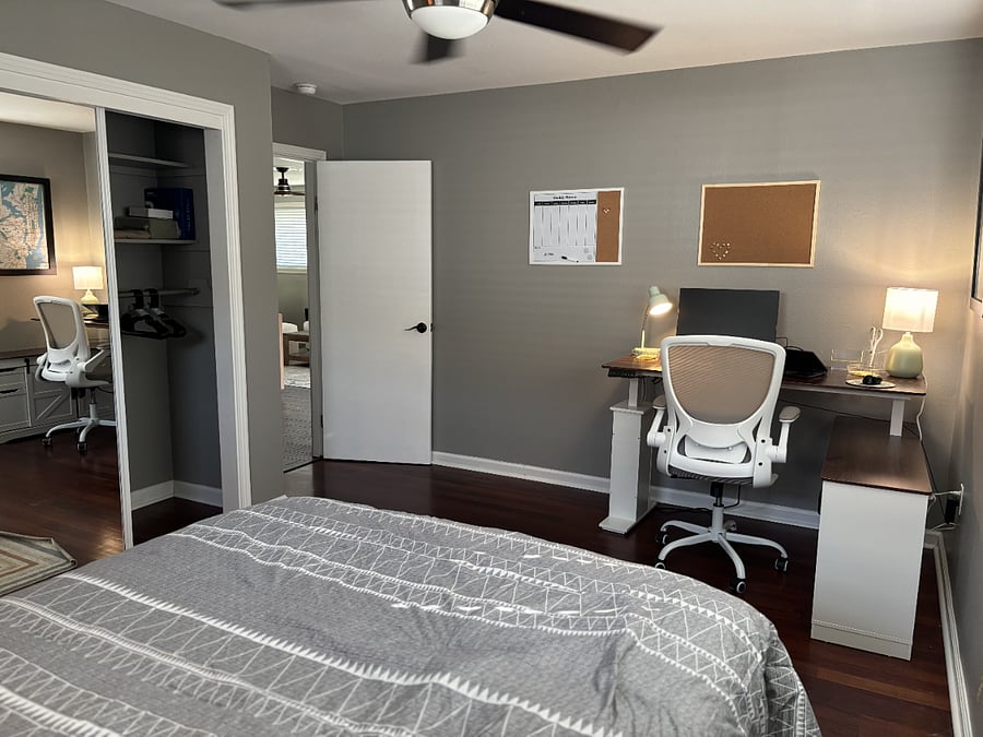 Office/2nd bedroom; full bed; full closet; automated standing/sitting desk with storage and external 22" HDMI monitor