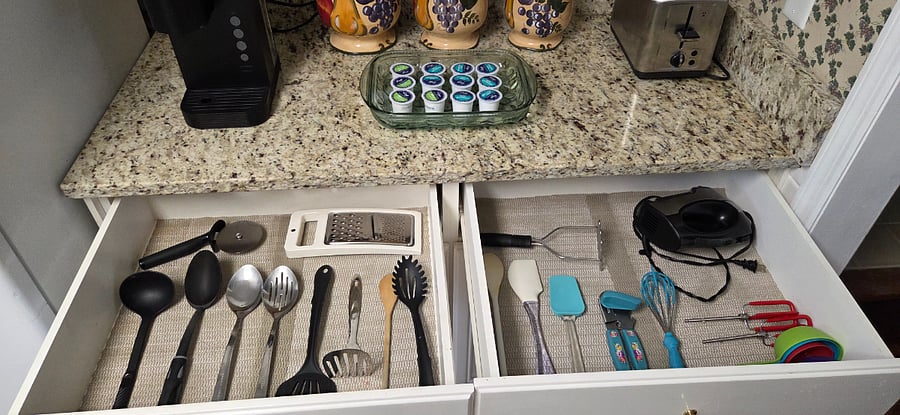 Kitchen coffee maker, toaster, cooking utensils