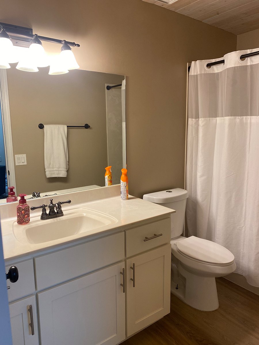 This full size restroom is located just outside of the studio room.