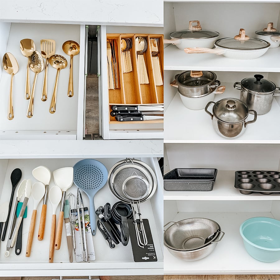 Fully Stocked & Organized Kitchen

Spacious drawers and cabinets packed with gold utensils, knives, pots, pans, bakeware, and all essential cooking tools.