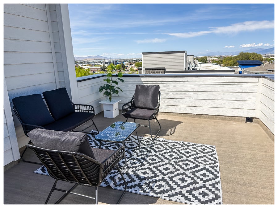 Private Rooftop Balcony with Panoramic Views.

Spacious rooftop deck featuring comfortable outdoor seating, coffee table, and beautiful mountain and valley views  the perfect spot to relax and unwind.