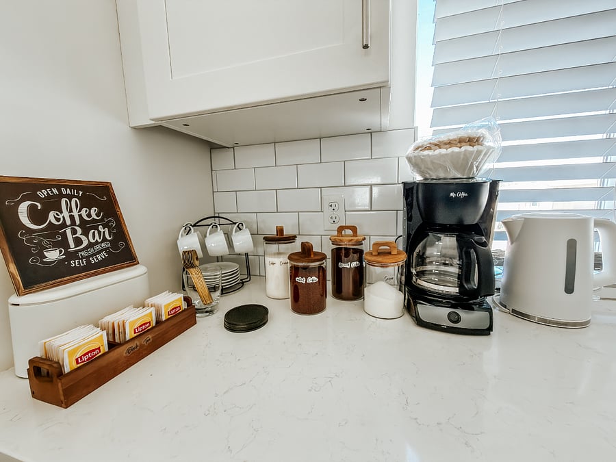 Fully Stocked Coffee Station

Electric kettle, Mr. Coffee maker, fresh mugs, and baskets ready for your morning coffee or tea.