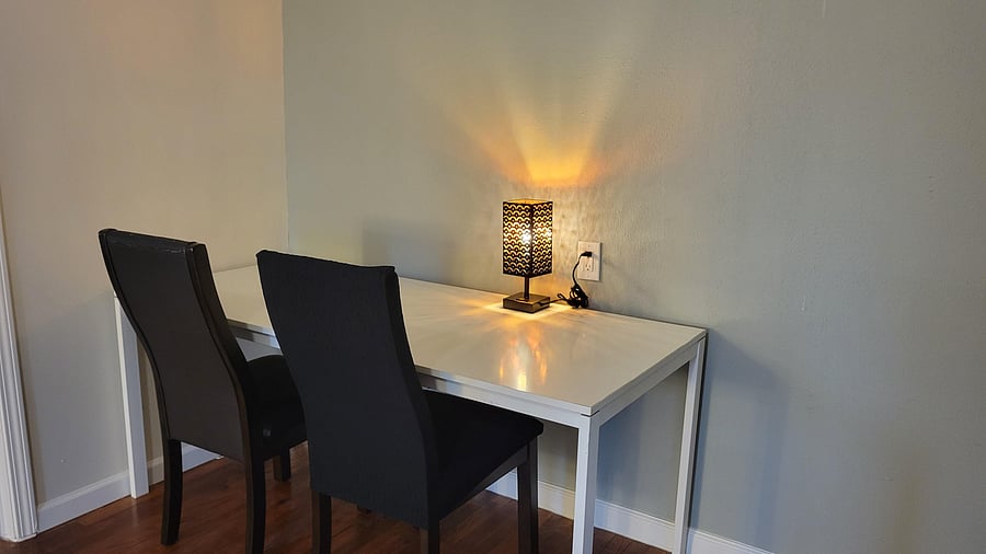 Quiet study nook with seating for two -- ideal for focused work or reading.