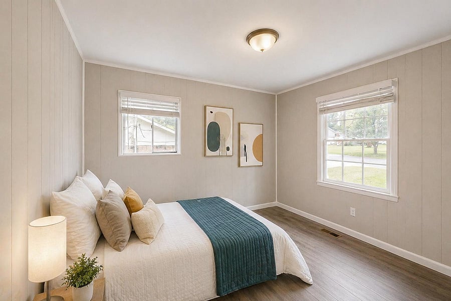 Spacious bedroom with two windows, neutral walls, and durable wood-look flooring for easy upkeep.